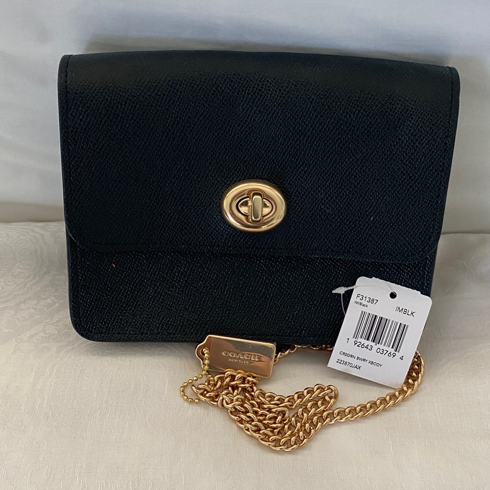 Coach Black Leather Clutch with Gold Chain